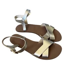 J. Crew Women's 6 Gold Leather Ankle Strap Flat Sandal Criss Cross Preppy